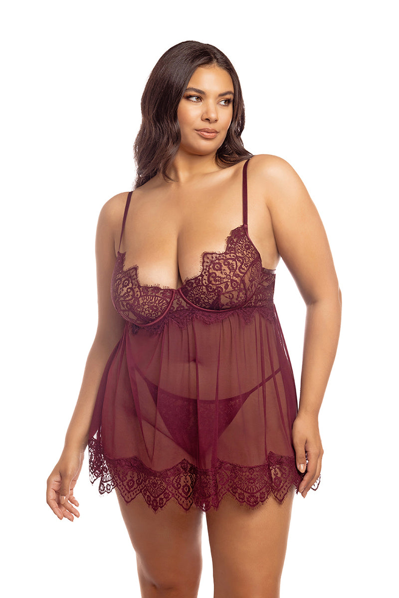 plus size model shows off the burgundy red lingerie babydoll slip