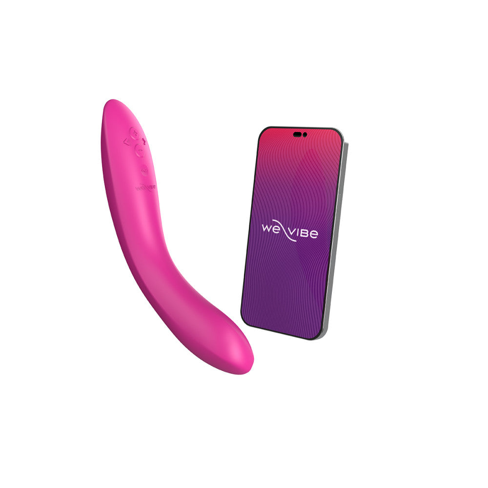 shows the we-vibe rave g-spot vibrator next to a phone that displays the we-vibe app, showing that the vibrator is app compatible