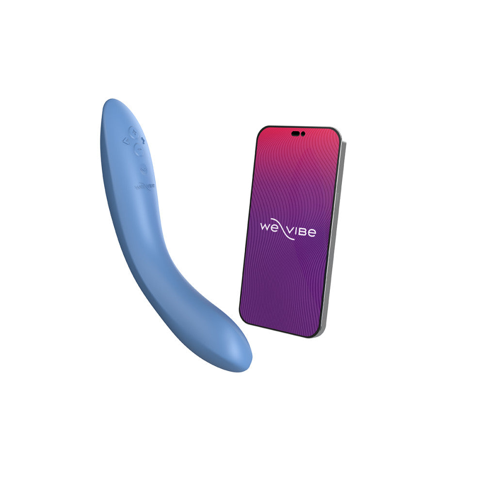 shows the we-vibe rabe g-spot vibrator next to a phone that displays the we-vibe app, showing that the vibrator is app compatible