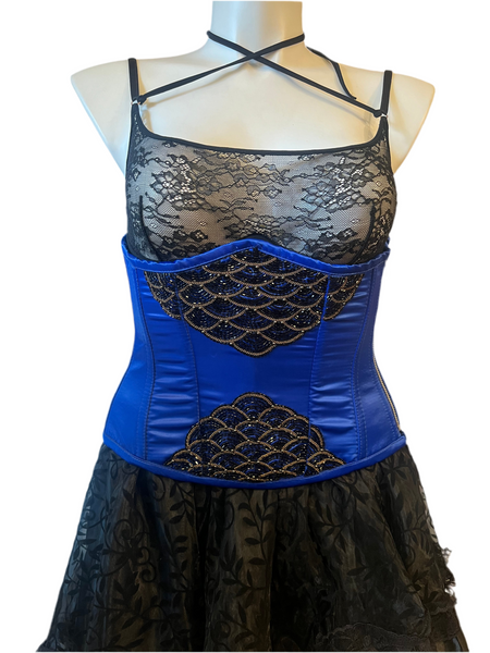 Dragon Fish Beaded Underbust Corset in Deep Sea Blue