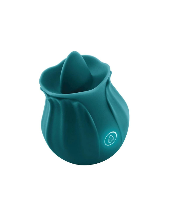 sex toy in the shape of a rose bud. instead of petals at the top it has a tongue that is used to create oral sex sensations. glowing light shows the button. toy is Teal colored