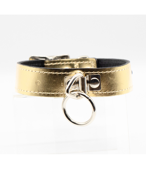 front view of the Anything But Basic O-Ring Collar in Metallic Gold with the metal o-ring and slightly shimmery metallic leather