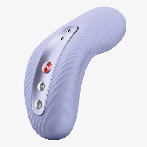 a ribbed bean-like shape lilac sex toy by fun factory with three buttons and charging magnetic ports