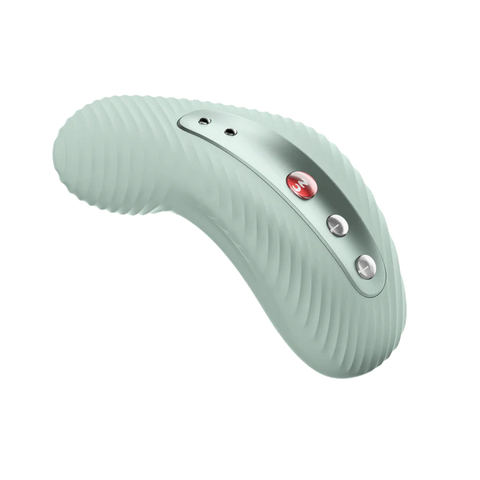 a ribbed bean-like shape sage color grinding sex toy by fun factory with three buttons and charging magnetic ports