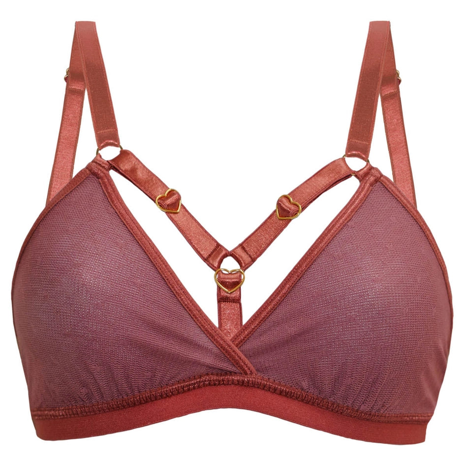 rendering of the Hearts of Venus Strappy Bralette in Copper Rose. shows the color and gold heart hardware adjusters