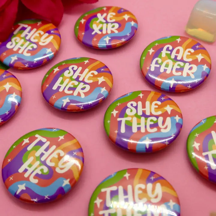 Holographic Pronoun Button in Rainbow