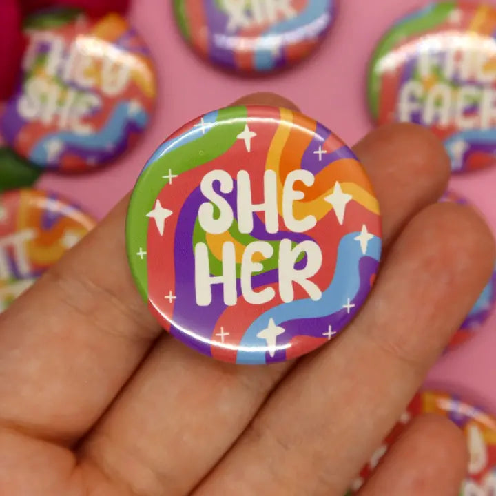 Holographic Pronoun Button in Rainbow