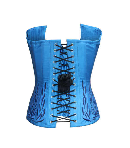 Hot as Ice Flame Embroidered Satin Overbust Corset in Turquoise