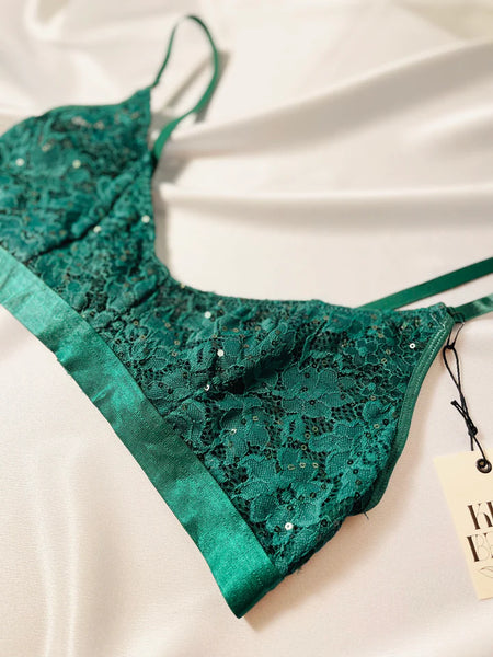 Kilo Brava Sequin Lace Scoop Bralette in Emerald