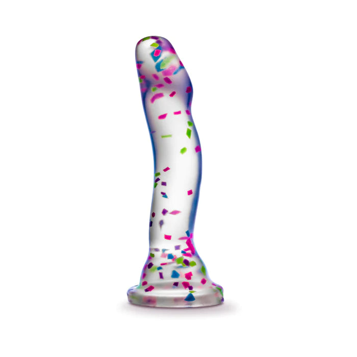 Party Time Glow-in-the-Dark Confetti Dildo is a clear silicone bodysafe dildo with neon confetti bits inside