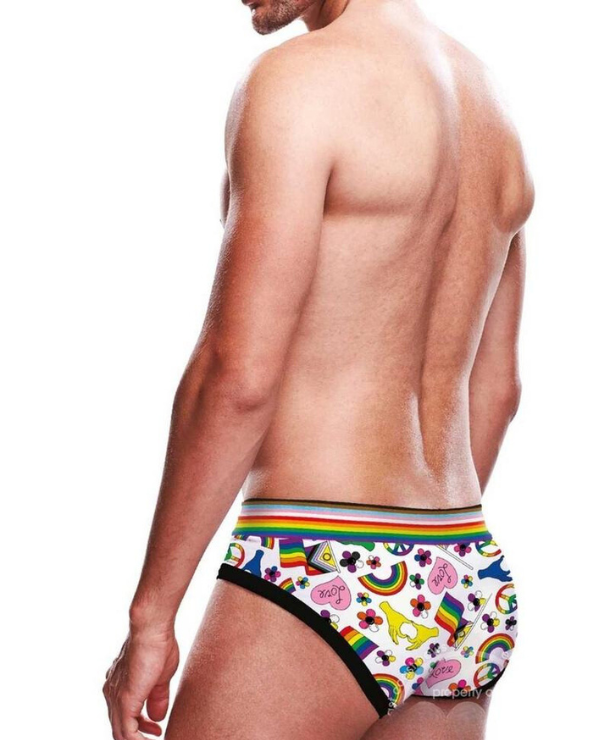 shirtless white male model turns away from camera to show off the art and design of the pride graphics across the bum of the brief