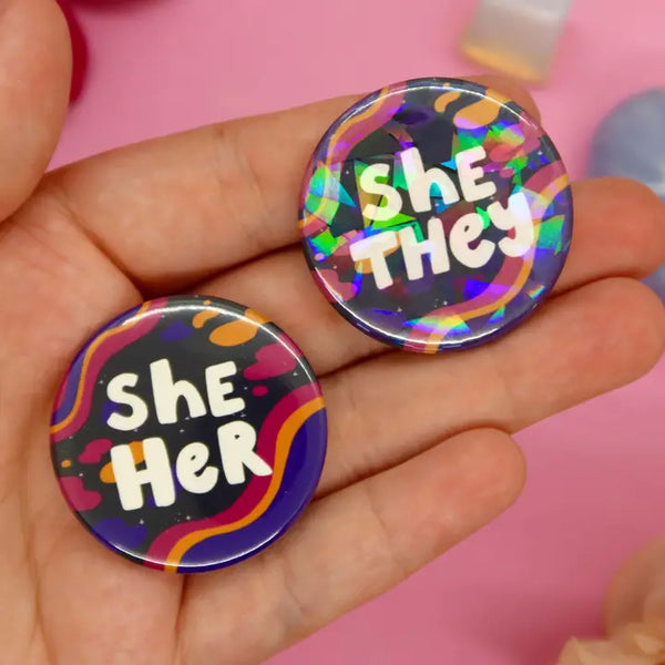 Spacey Holographic Pronoun Button