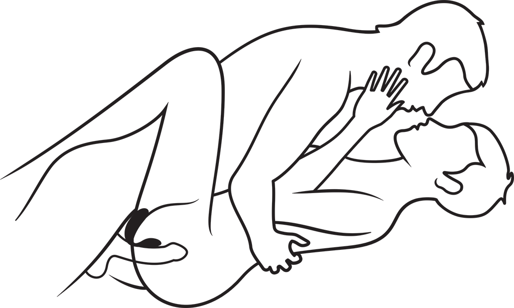 black and white line drawing of two bodies (Both with short hair) laying on top of each other caressing and kissing. The chorus sex toy is shown near their genitals in attempt to show that this toy is designed to be hands free and worn during sex play