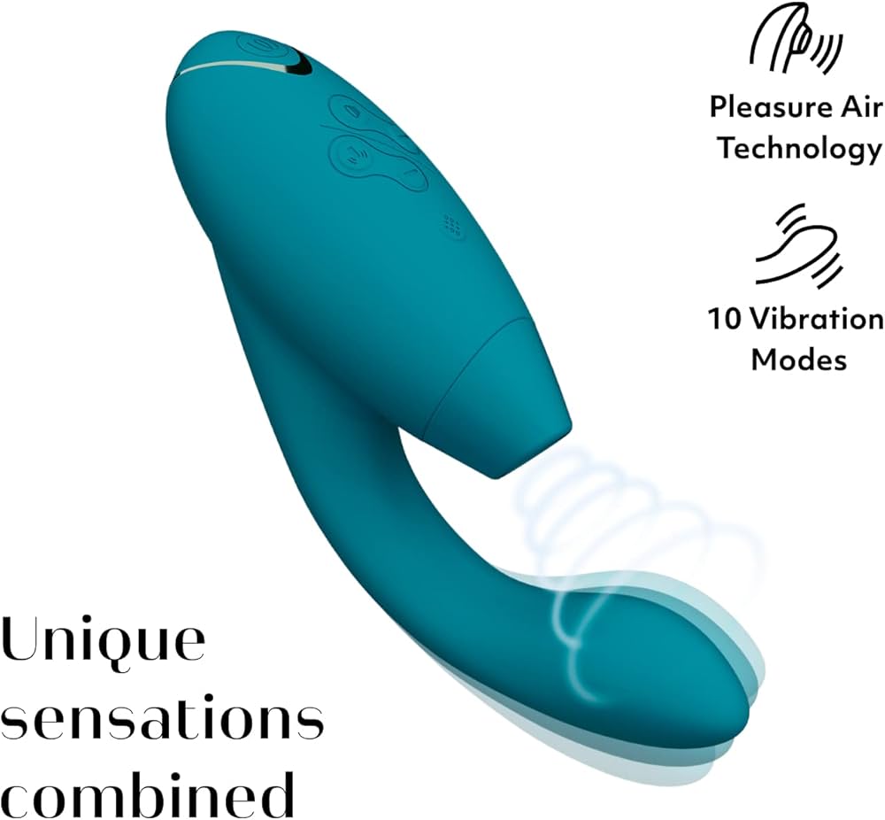 petrol blue (Teal ish color) sex toy with air pulsation external bulb and vibrating internal arm for a dual rabbit sex toy