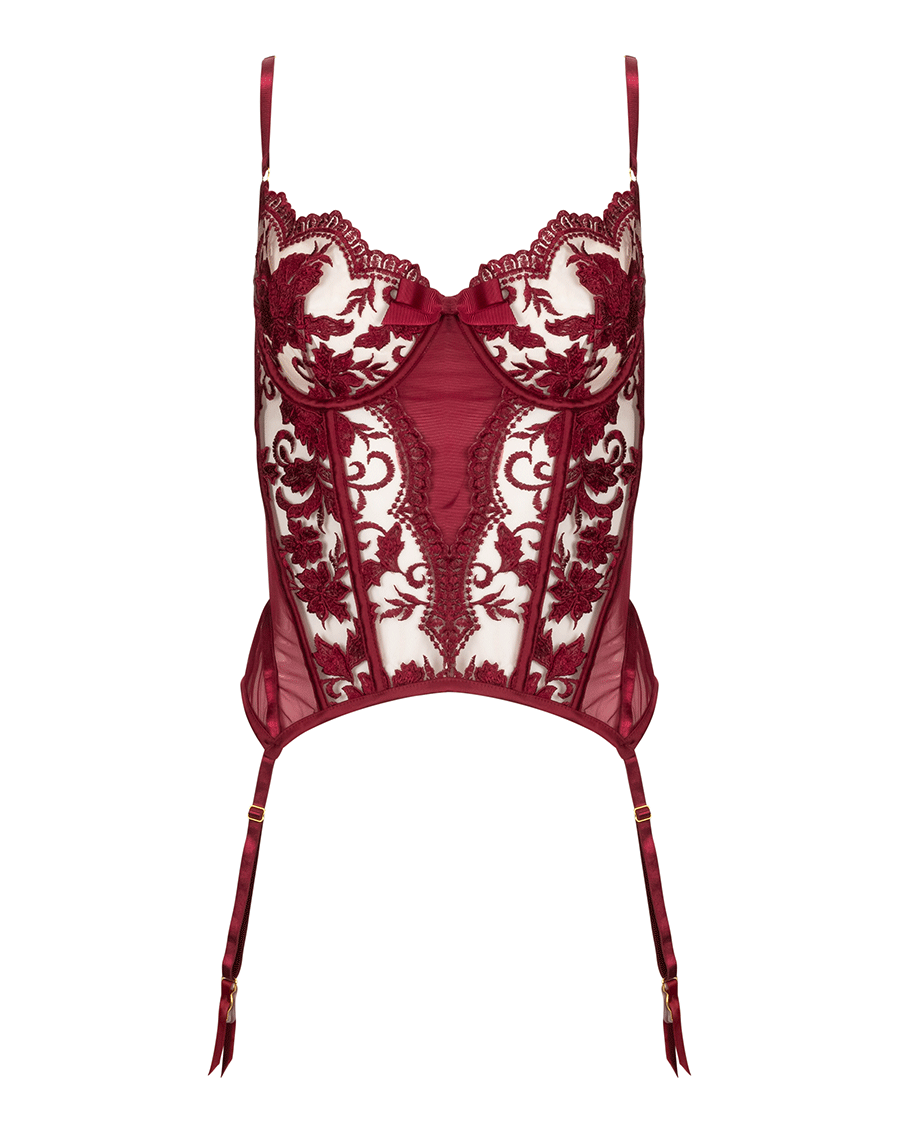 front view of the gorgeous floral in red on the underwired Kilo Brava Embroidery Merrywidow in Ruby Wine