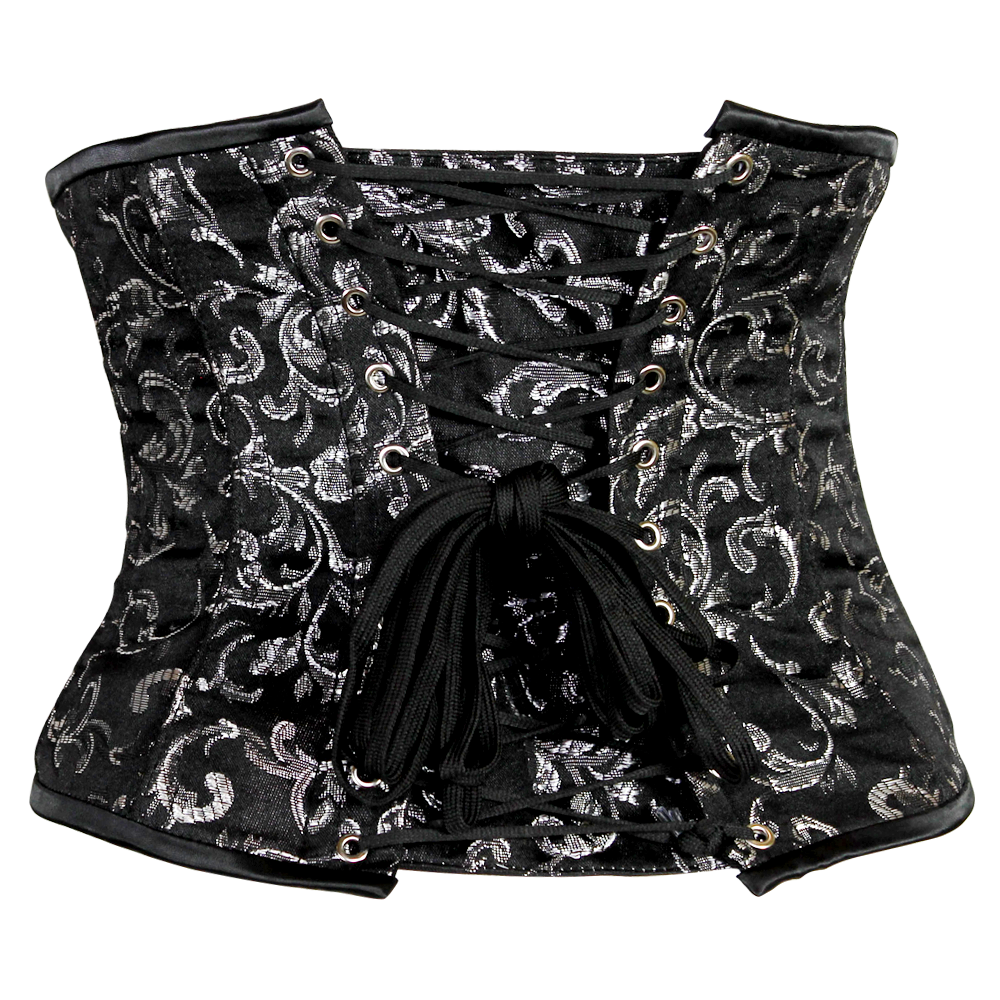 Alluring Underbust Corset in Black and Silver Brocade