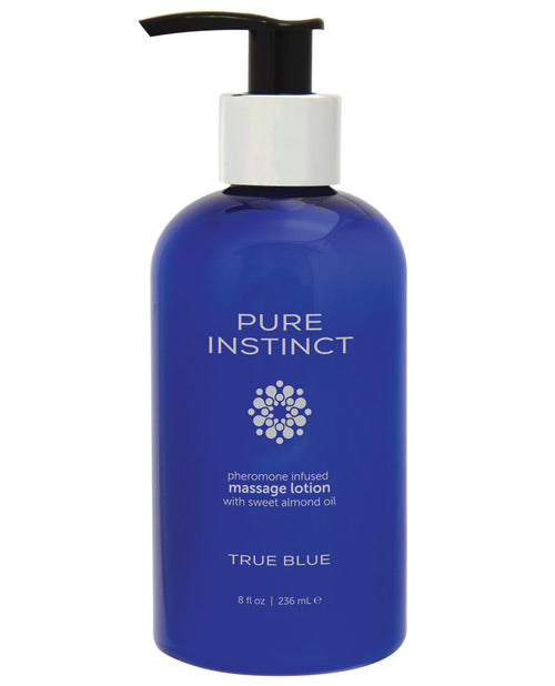 blue bottle with pump top. text on bottle reads "pure instinct pheromone infused massage lotion with sweet almond oil. True blue. 8fl oz"