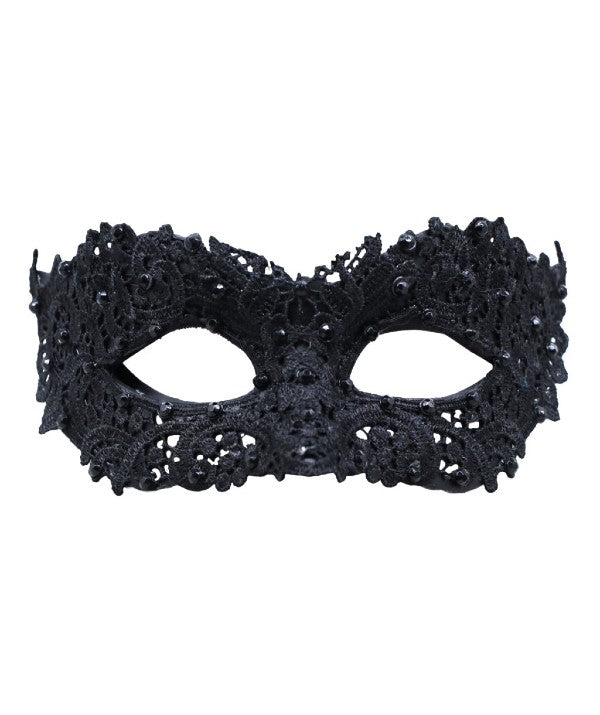 venetian face mask with black lace and black gems, eye cut outs