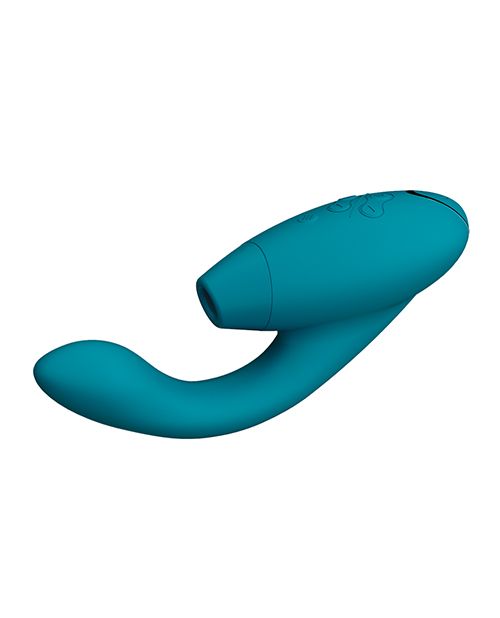 the womanizer duo 2 in teal that shows how girthy the internal arm is and the opening to the air pulsation mechanism