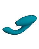 the womanizer duo 2 in teal that shows how girthy the internal arm is and the opening to the air pulsation mechanism